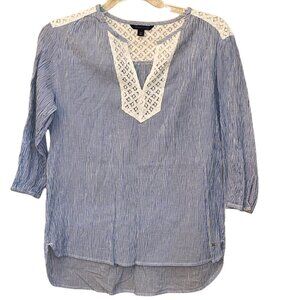 Tommy Hilfiger Blue White Stripe Boho Lace Blouse‎ Size Small Petite